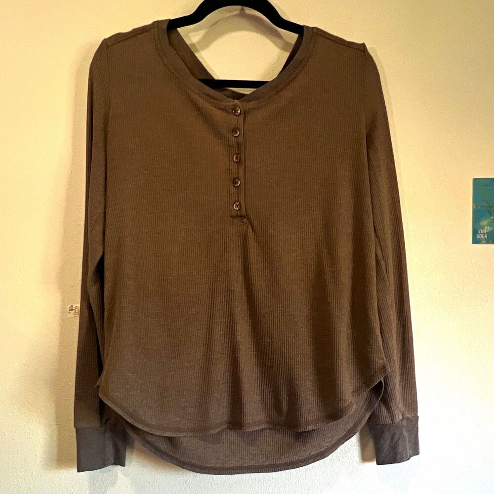 Y2K Henley Top XL Brown Solid Waffle Knit Long Sleeve Button Front Splendid